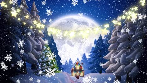animación digital de copos de nieve cayendo sobre luces de hadas contra el paisaje de invierno
