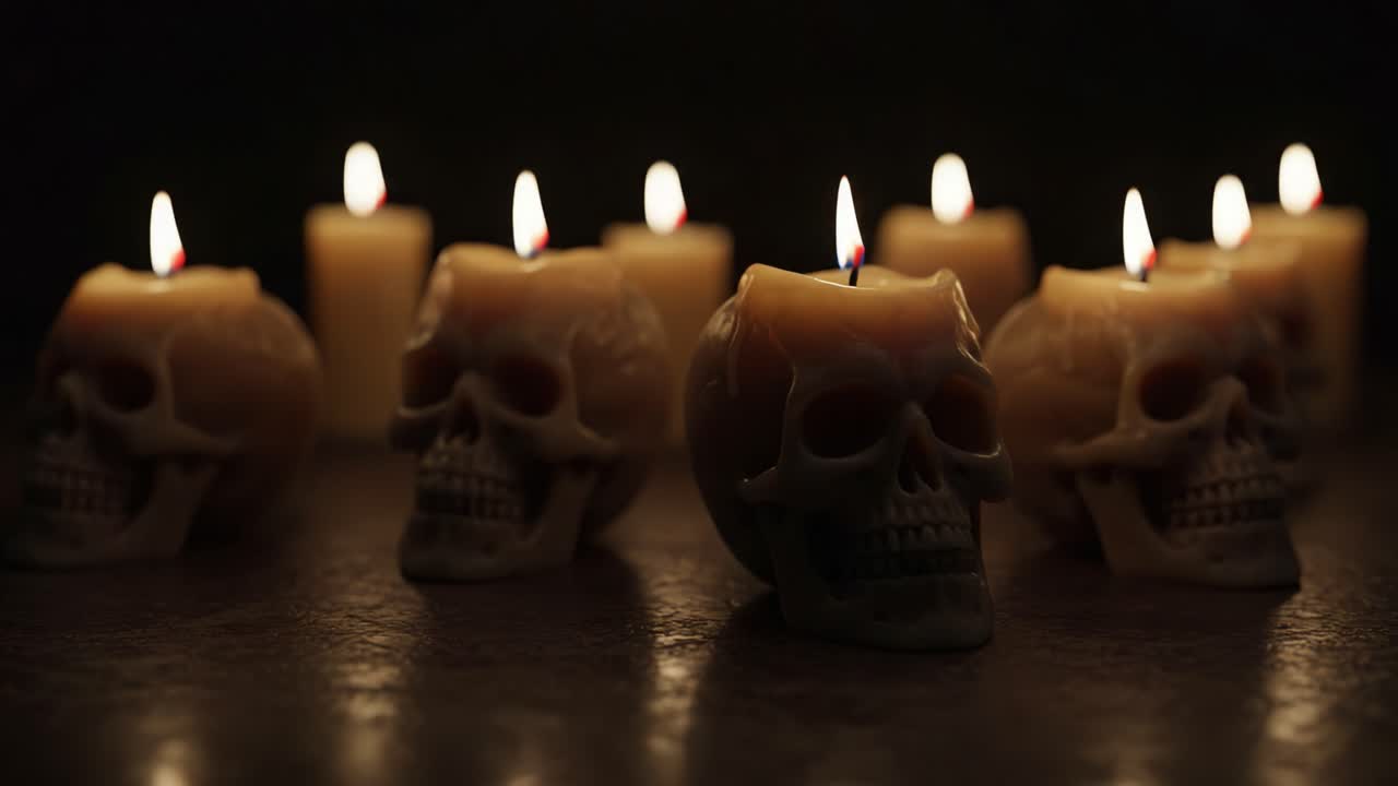 A Mesmerizing Display of Candlelit Skulls: A Hauntingly Beautiful Fusion of Light and Dark in an Enigmatic Atmosphere Perfect for Halloween Celebrations and Spooky Themes