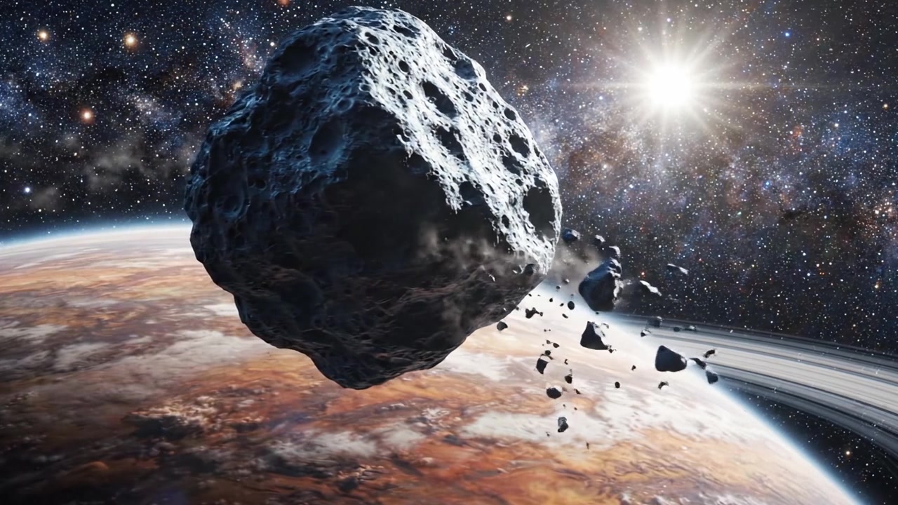 Taivaallinen tanssi: Upea kosminen näkymä avaruudessa kiertävästä asteroidista, planeettojen, renkaiden ja kaukana olevien tähtien valaistessa laajaa universumia.