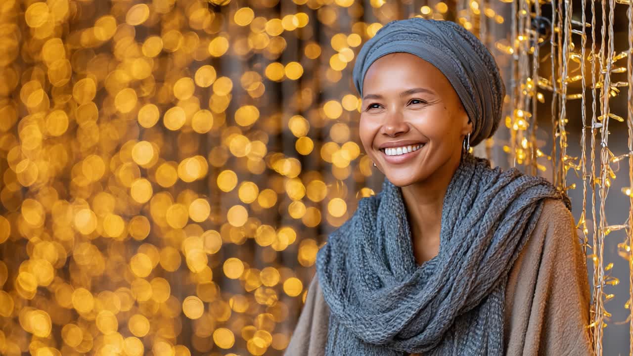 A Joyful Moment Captured: A Woman Smiling Elegantly Against a Background of Twinkling Lights, Radiating Happiness and Beauty with Grace