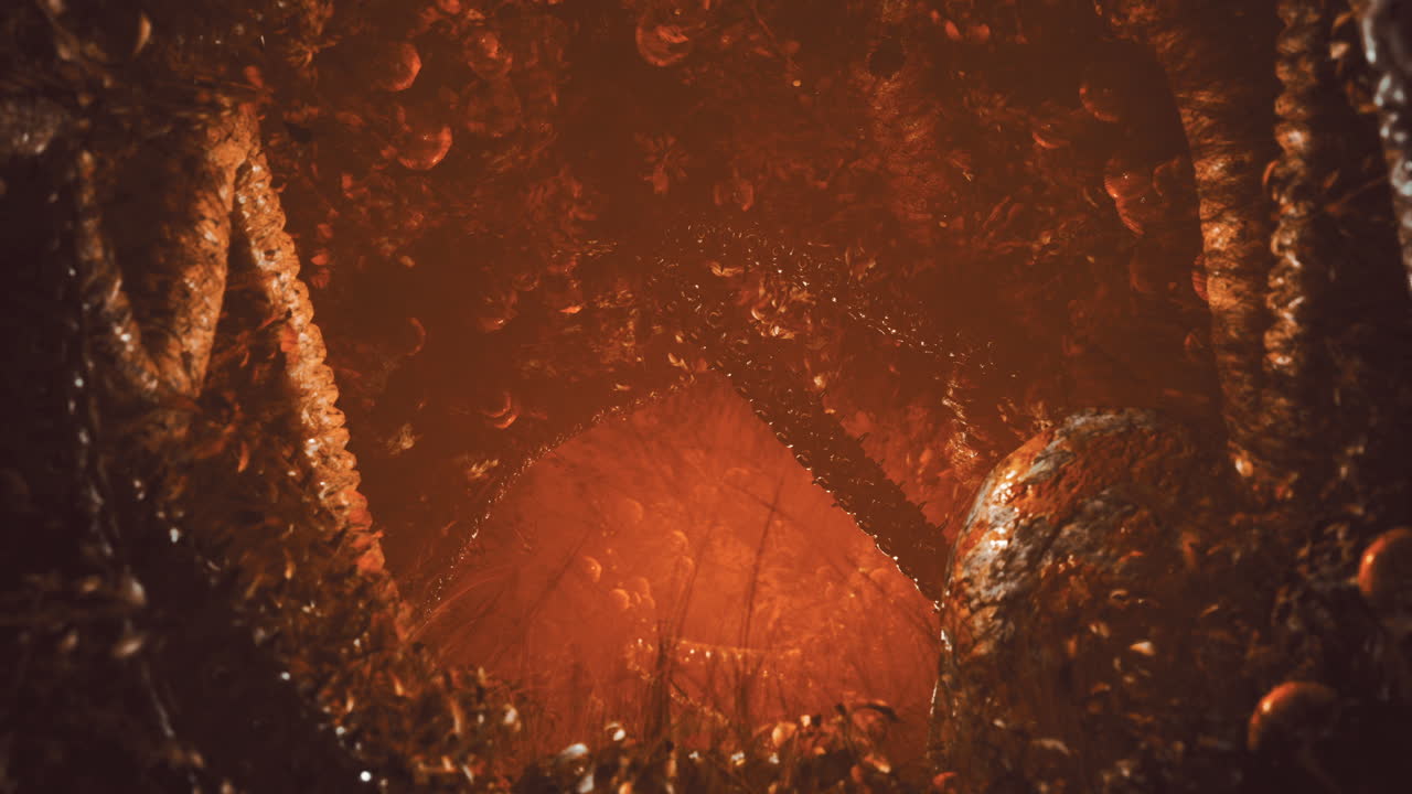 Dark cavern with glowing foliage and ominous atmosphere captured at dusk