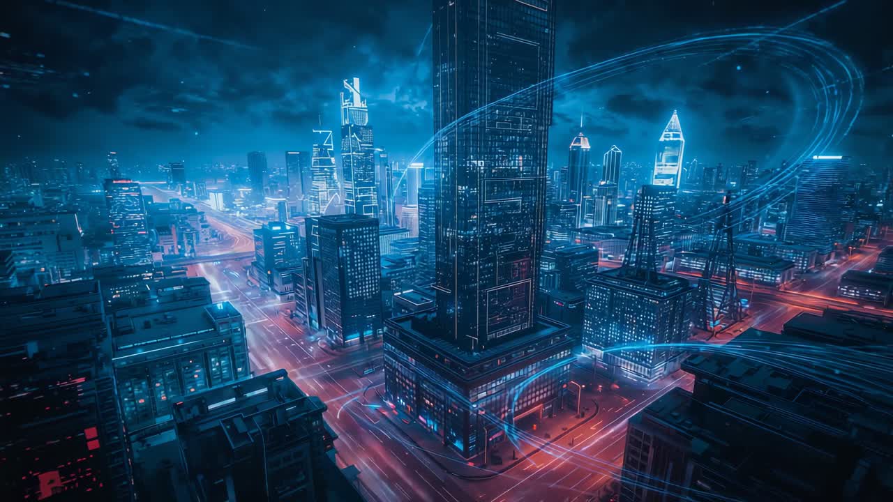 Circling camera orbiting skyscraper above neon grid streets at night, under rotating energy ring