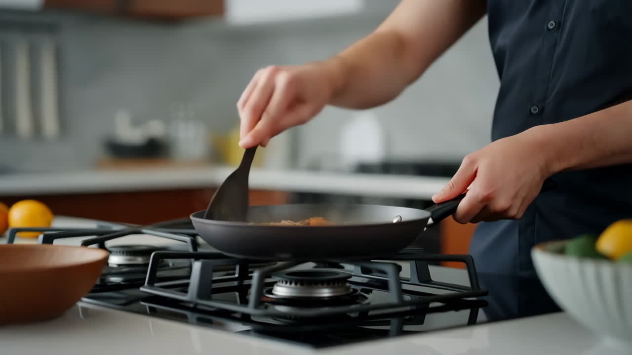 Person cooking with a frying pan on a gas stove in a kitchen