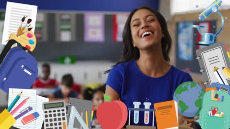 animación de objetos escolares sobre los niños de la escuela y la maestra sonriente en la clase