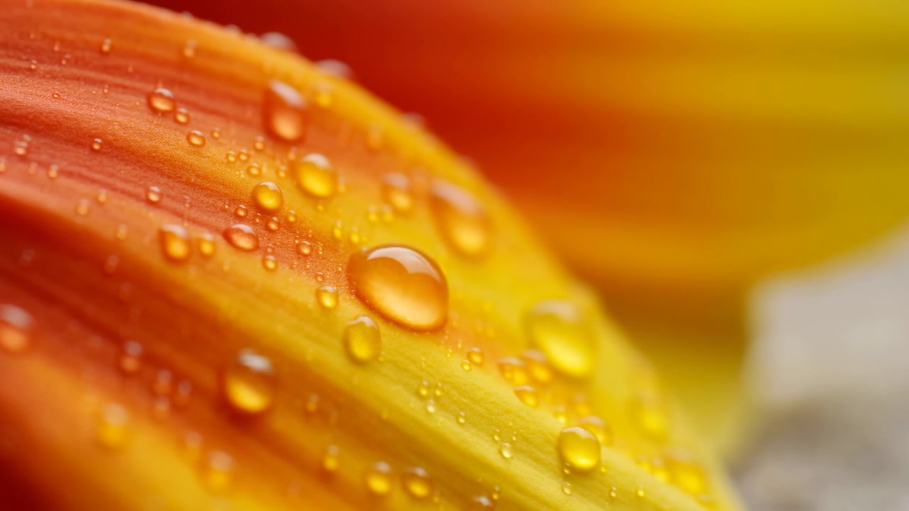 Una vista macro mostra goccioline d'acqua raggruppate che riposano su un petalo di fiore giallo-arancio, con riflessi speculari luminosi, una texture superficiale liscia, un bokeh morbido e caldo, un colore vivido e un delicato dettaglio botanico.