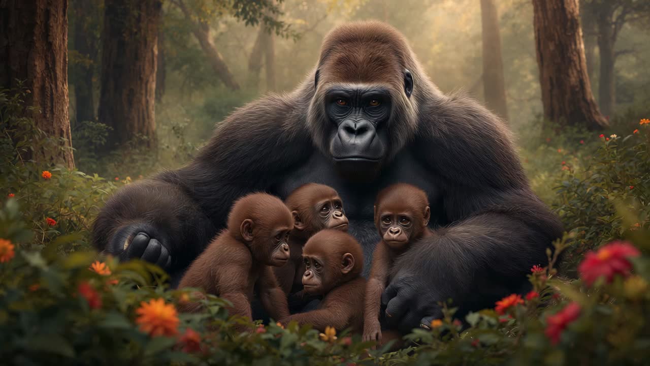 Leaning adult gorilla shifting weight and hands in forest, cradling and protecting five infants
