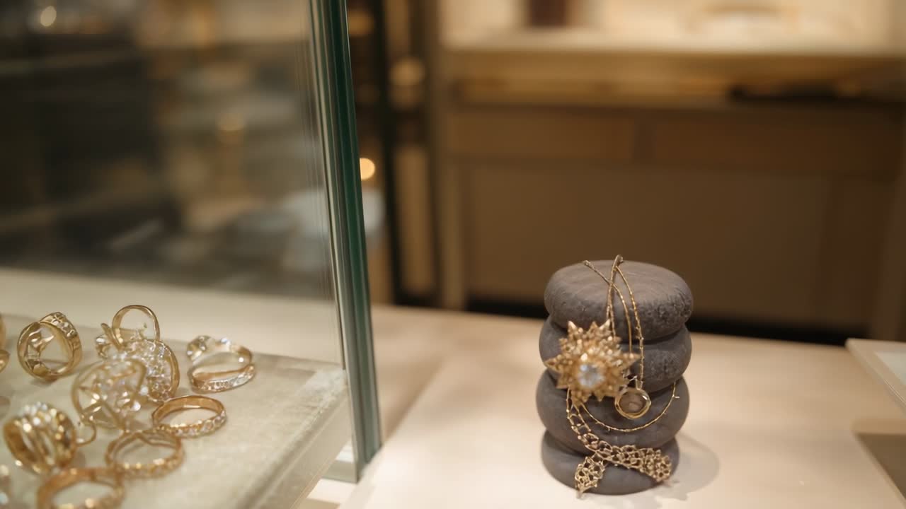 Cámara moviéndose enfocando cojines grises apilados en el mostrador de una tienda, mostrando un cuenco de gemas y anillos de oro.
