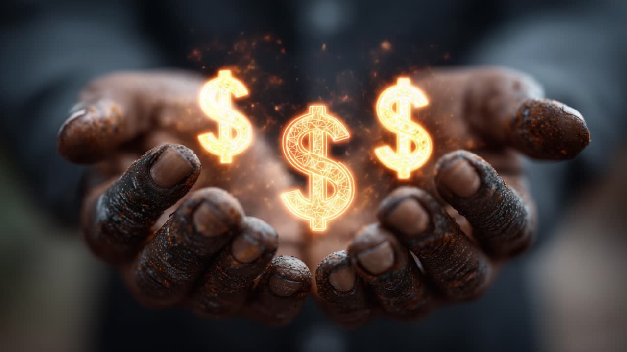 A Striking Depiction of Wealth: Hands Holding Glimmering Dollar Symbols Amidst a Dusty Background, Signifying Financial Aspirations and Hard Work