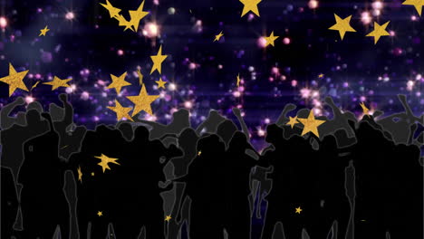 silhouetted crowd celebrating under starry night sky with golden stars animation