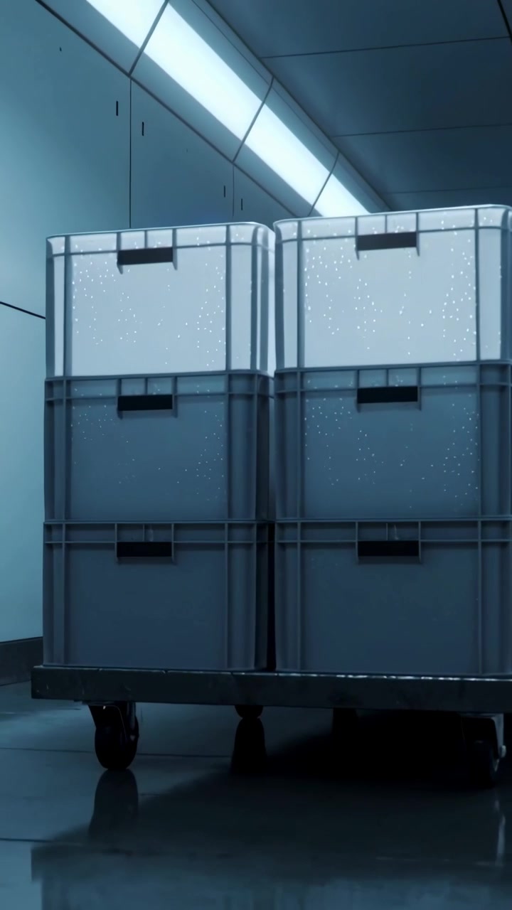 Video vertical: Apareciendo rodando cuatro cajas en un carrito a través de un pasillo brillante para entrega bajo la luz