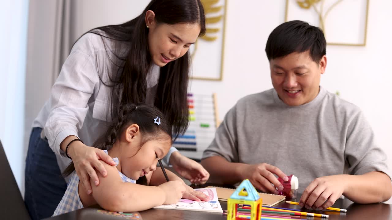 Parents and daughter collaborate on educational activities at home, bright natural lighting, cheerful atmosphere