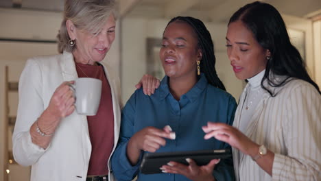 teamwork, planning and tablet with business people
