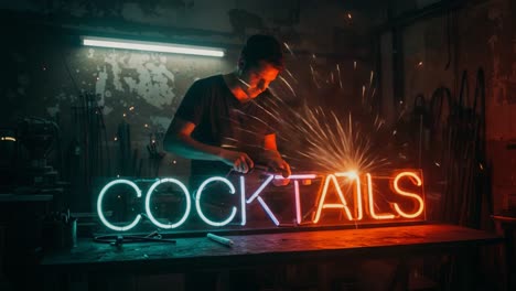 a skilled artisan creates a vibrant neon sign that reads 'cocktails,' showcasing the artistry of handmade signage with sparks flying in a dimly lit workshop