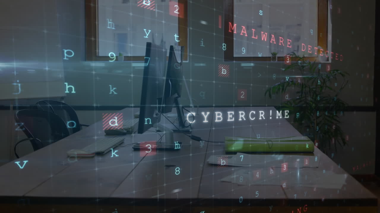Animation of cyber attack warning over computers on desk