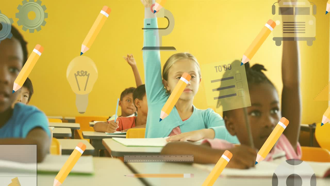 Animation of school items icons over diverse schoolchildren raising hands