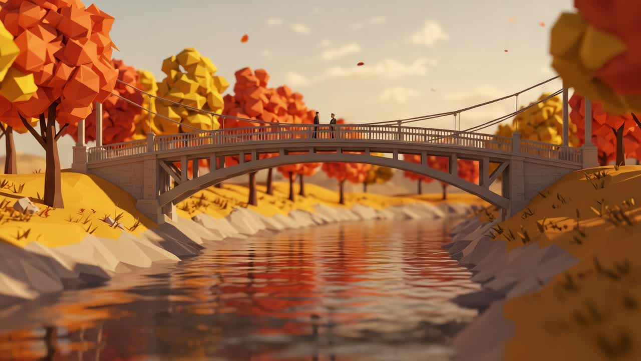 A Tranquil Autumn Scene Featuring a Charming Bridge Over a Serene River Surrounded by Colorful Trees and Reflecting Fall Foliage in a Beautiful Landscape