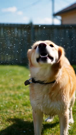 happy golden retriever shaking off water in the backyard
