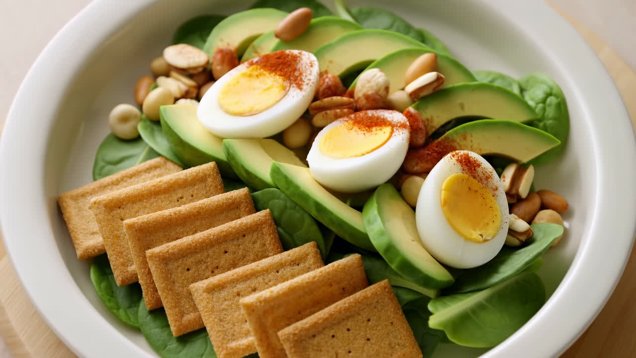 Sunn salatbolle med avocado, egg, spinat og kjeks.
