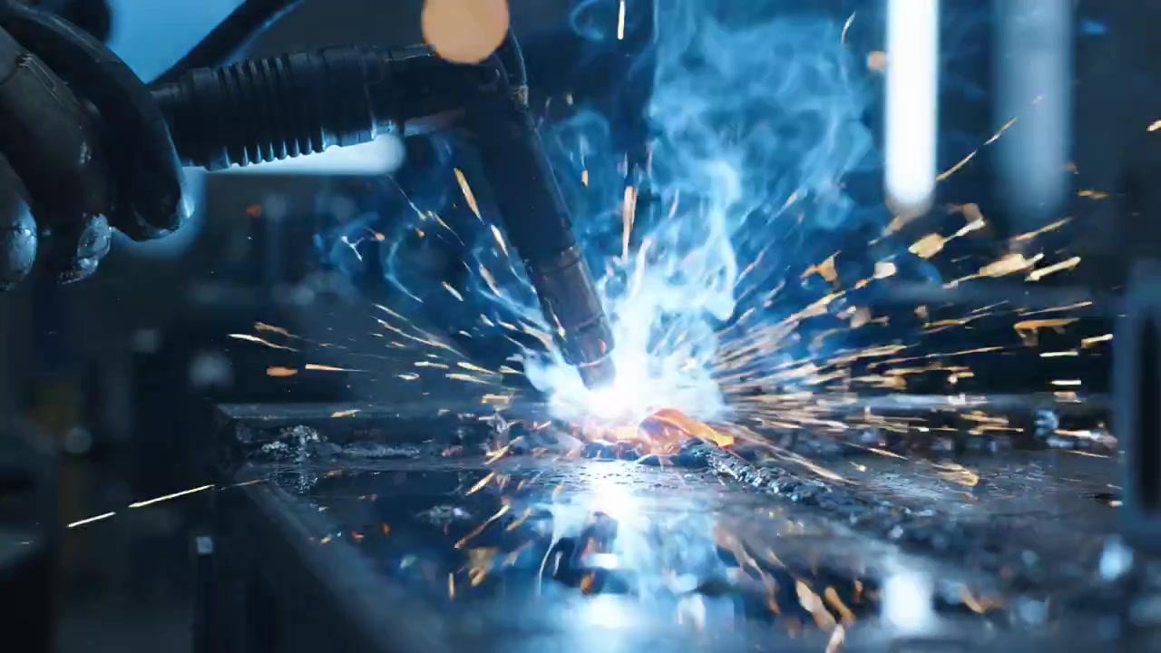 Dynamic Fusion: Capturing the Intense Moment of Welding Sparks and Flames in a Metal Workshop, Highlighting the Craftsmanship in Action