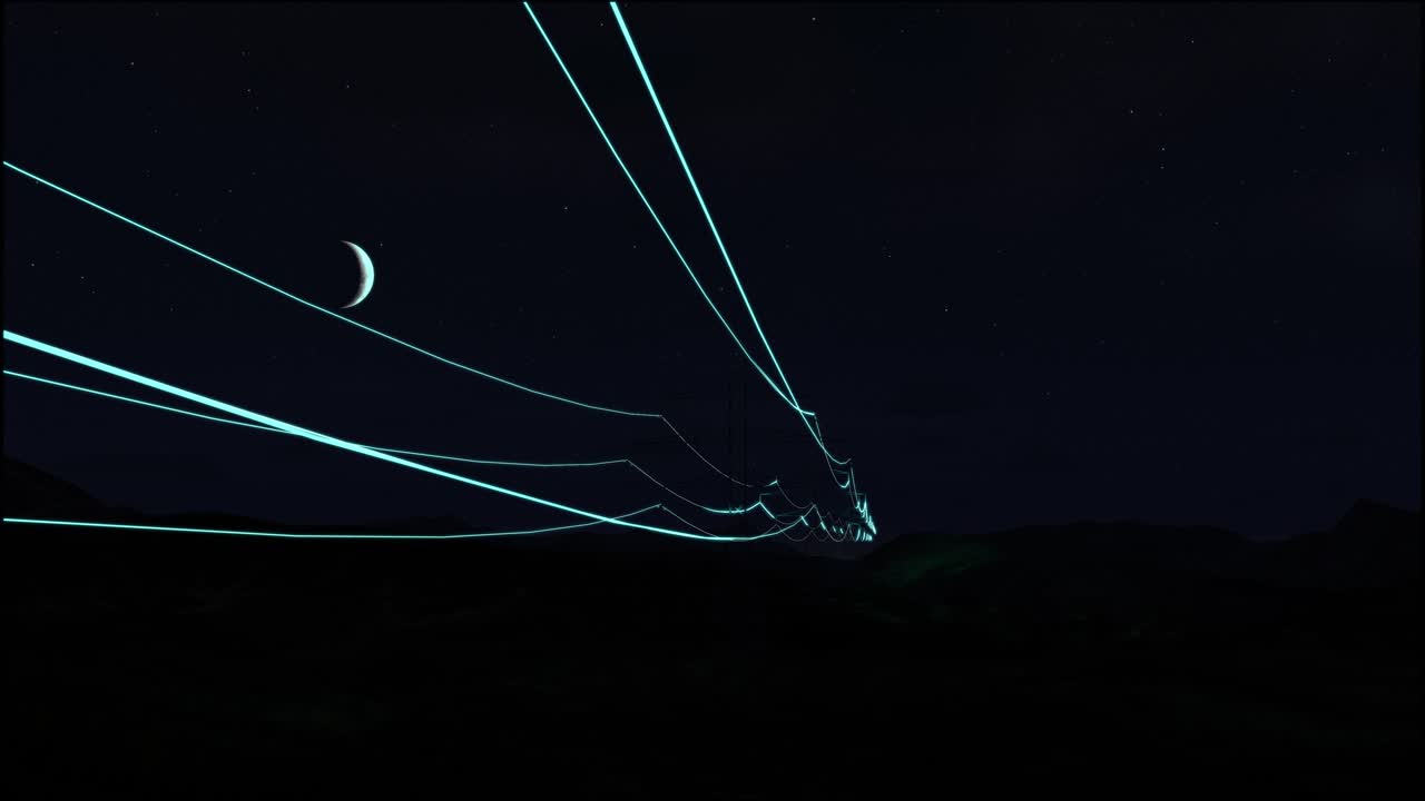 líneas de transmisión de energía con visualización digital 3d de la electricidad. imágenes escénicas con el cielo nocturno lleno de estrellas brillantes. concepto de energía verde renovable y entorno ecológico limpio