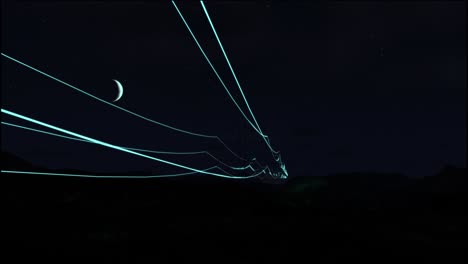 líneas de transmisión de energía con visualización digital 3d de la electricidad. imágenes escénicas con el cielo nocturno lleno de estrellas brillantes. concepto de energía verde renovable y entorno ecológico limpio