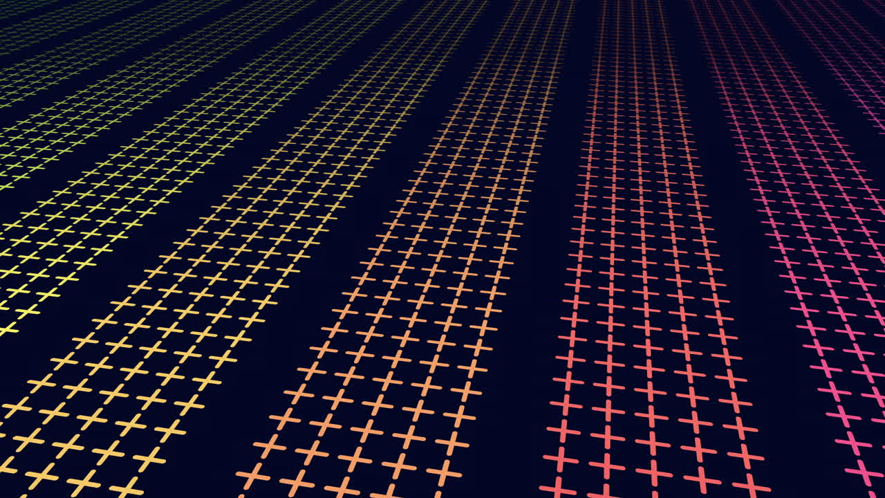 Futuristic abstract footage of repeating cross shapes forming a geometric grid in perspective, with neon yellow to pink gradient on a dark background