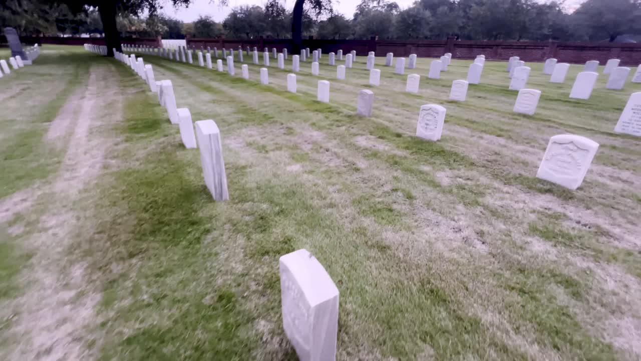 grave markers at Beaufort National Cemetery walking shot