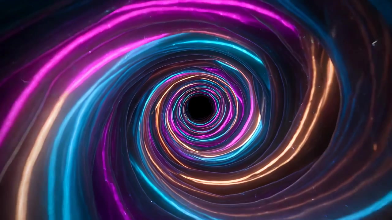 Avvio di una spirale di riproduzione con bande colorate che si stringono verso un vuoto nero nello spazio, con scintille per la profondità.