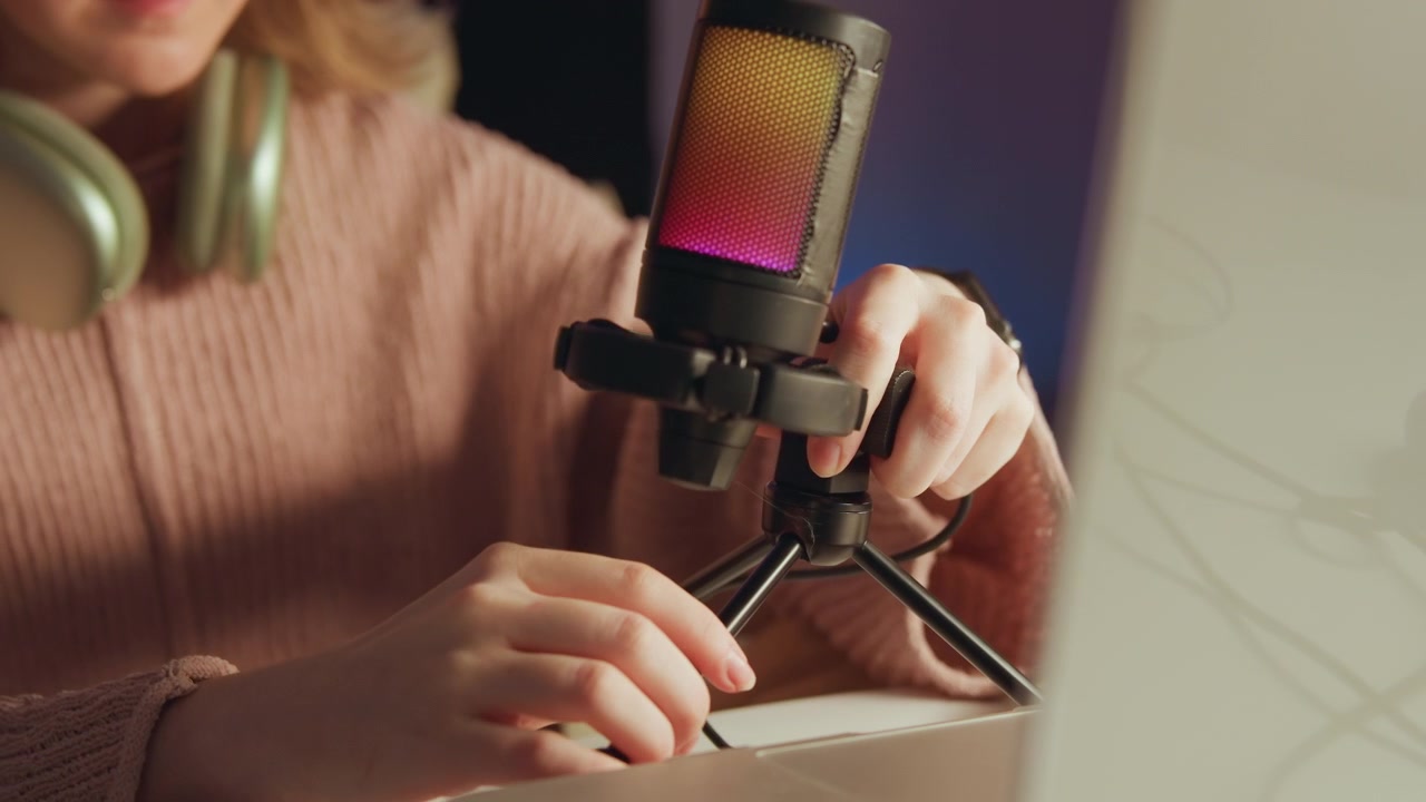 Close-up shows hands mounting metal microphone onto small tabletop tripod while guiding cable beside laptop, tightening knob, steadying setup, in cozy home studio with warm soft light