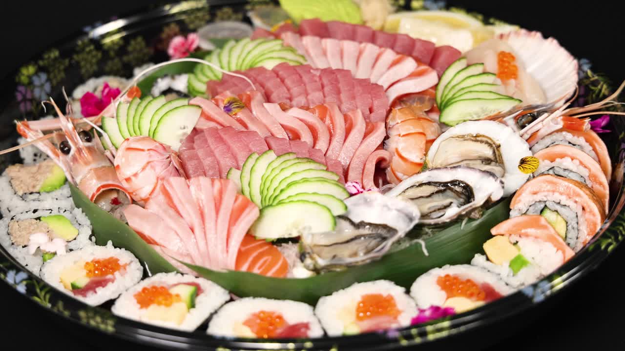 sushi variado exhibido en una bandeja giratoria