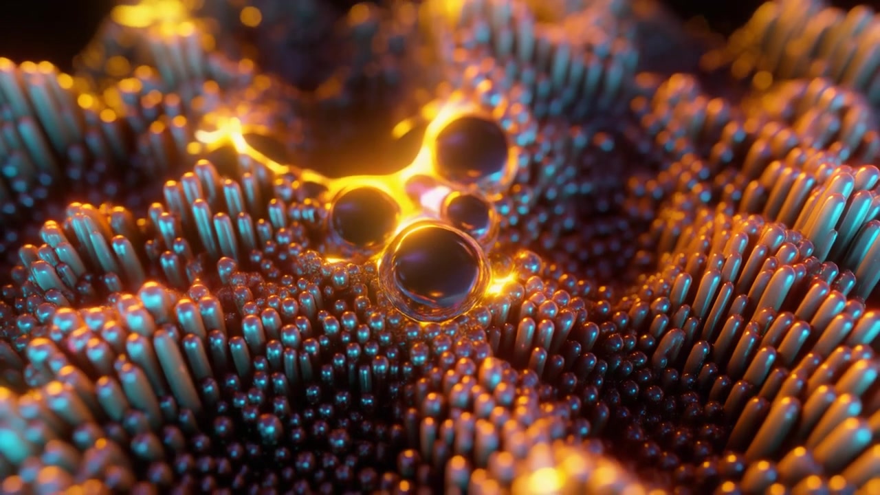 Animation 3D abstraite de sphères et de piliers métalliques lumineux