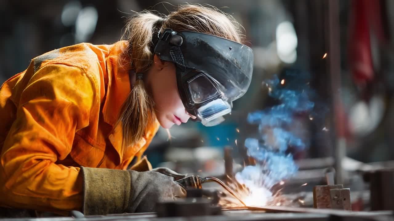 Experienced female welder working in industrial workshop