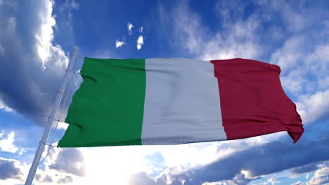 realistic flag of italy waving at wind in slow with blue sky