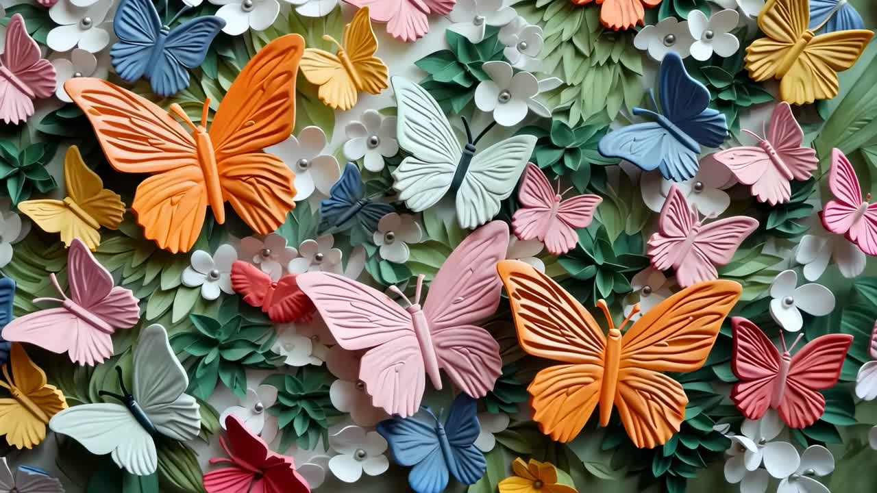 Vista video dall'alto verso il basso di farfalle e fiori di carta vivaci e stratificati, che mostrano intricati rendering in 3D