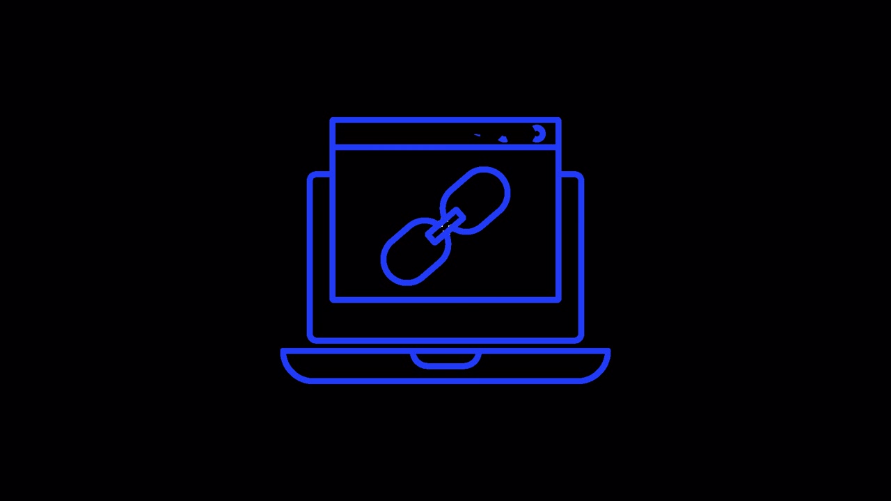 Animierter blauer Laptop-Umriss mit Browser- und Link-Symbol
