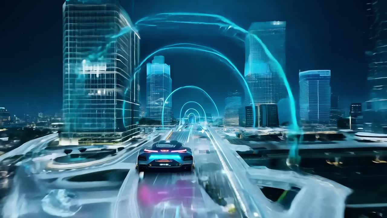 빠른 자동차와 함께 미래의 도시 풍경