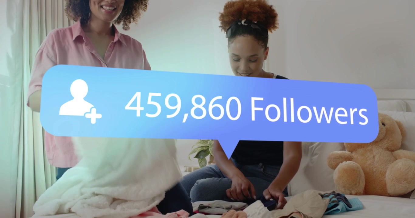 Mother and daughter folding baby garments in bedroom, generating animated follower-count growth