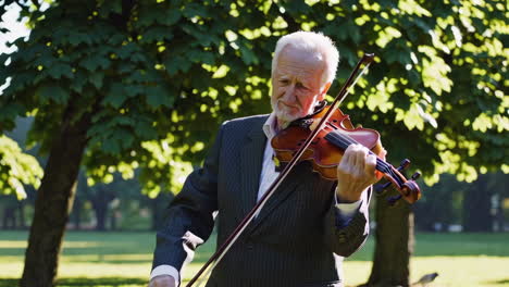 senior man playing violin in park