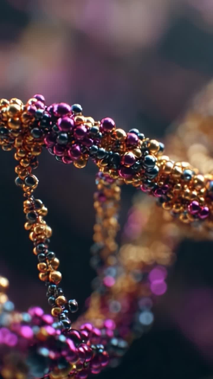 Un meraviglioso primo piano di una colorata elica del DNA in ricche tonalità oro, viola e nero, che mostra la struttura complessa e la bellezza del materiale genetico