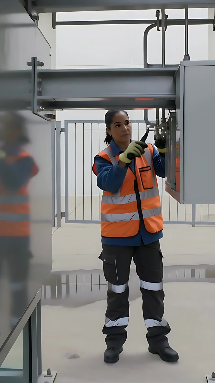 Video verticale: Durante un controllo di routine, una tecnica con giubbotto ad alta visibilità regola una valvola del tubo sul sito, con uno strumento.