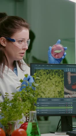 female scientist conducting vegan food biotechnology research in a laboratory