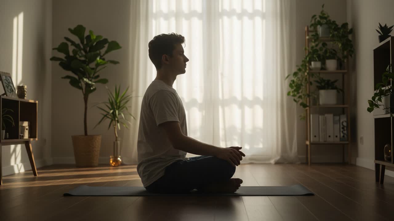 Un momento sereno di meditazione a casa: un giovane in uno spazio tranquillo si dedica alla mindfulness e alla pace interiore, circondato dalla natura e da una luce calda
