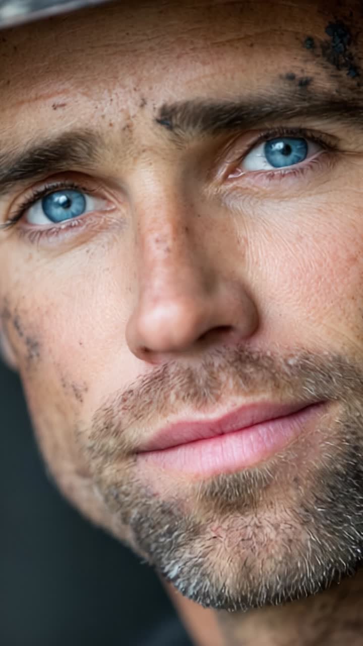 A Close-Up Portrait of a Determined Individual with Striking Blue Eyes and a Weathered Face, Capturing the Spirit of Resilience and Adventure