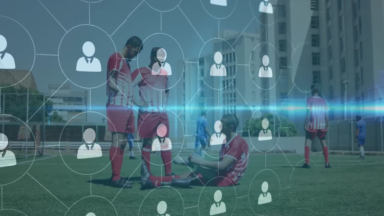 프로필 아이콘의 네트워크가 잔디 ⁇ 에 앉아 있는 의수 다리를 가진 남성 축구 선수를 반대합니다.