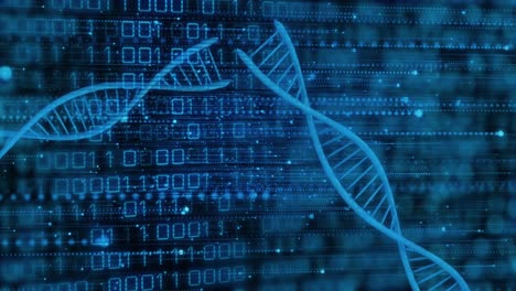 animation of illuminated blue dna helix and binary codes over moving lines and dots