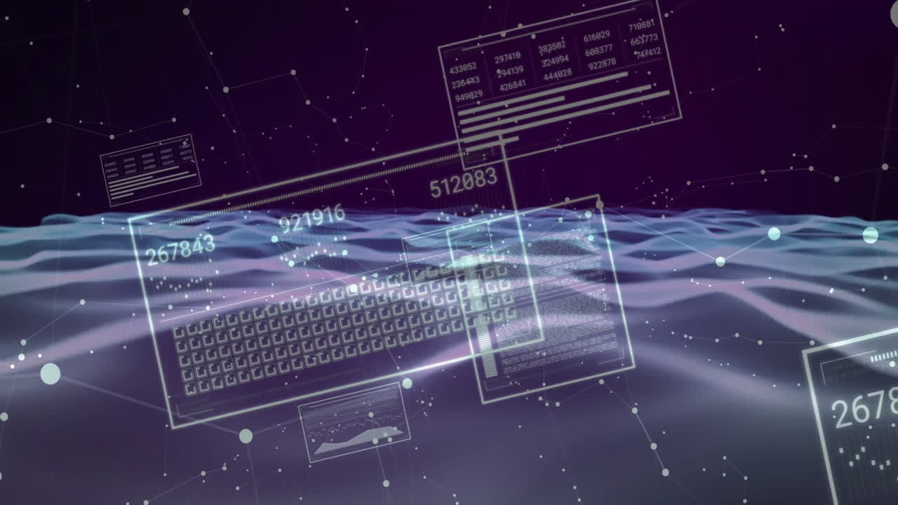 Floating translucent data panels moving across purple backdrop showing network nodes and numbers