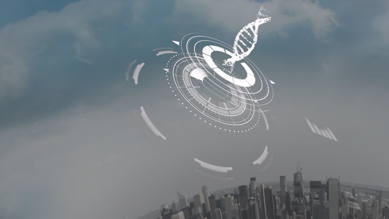 Animating DNA strand and digital interface overlaying city skyline at night