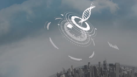 animating dna strand and digital interface overlaying city skyline at night