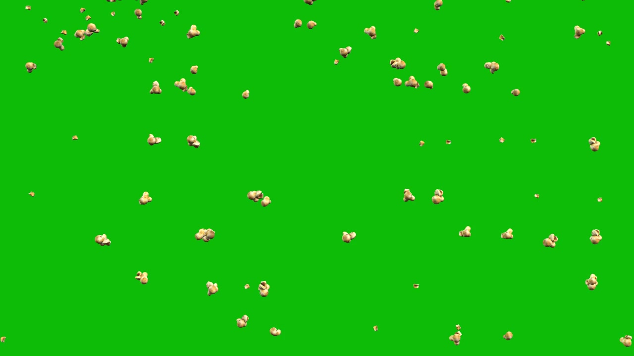 Popcorn che cadono su schermo verde, animazione 3D