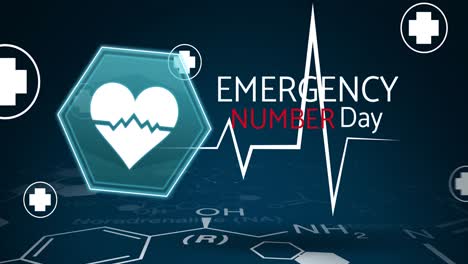 animation of emergency number day text with medical icons on black background